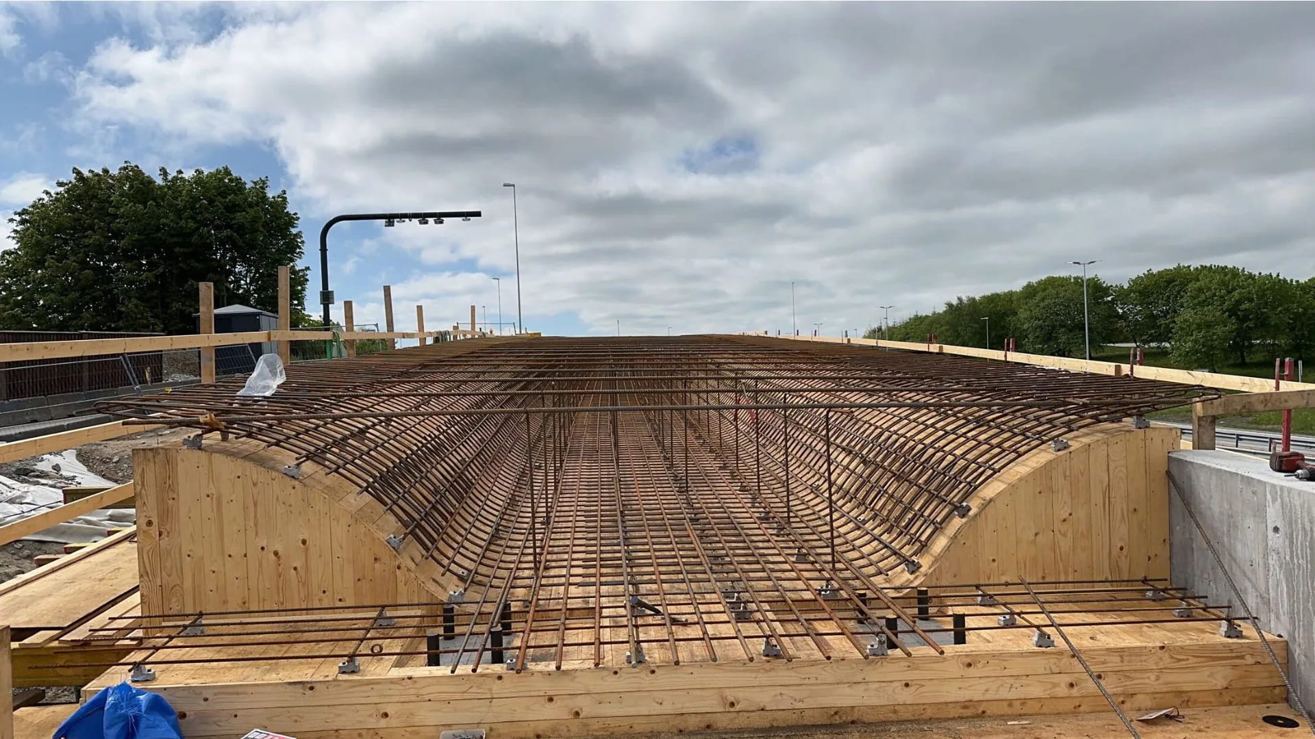 Reinforcement and formwork for a bridge deck under construction.